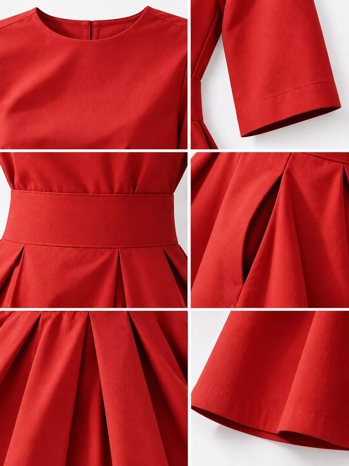 Round neck short sleeve midi dress, construction and design details