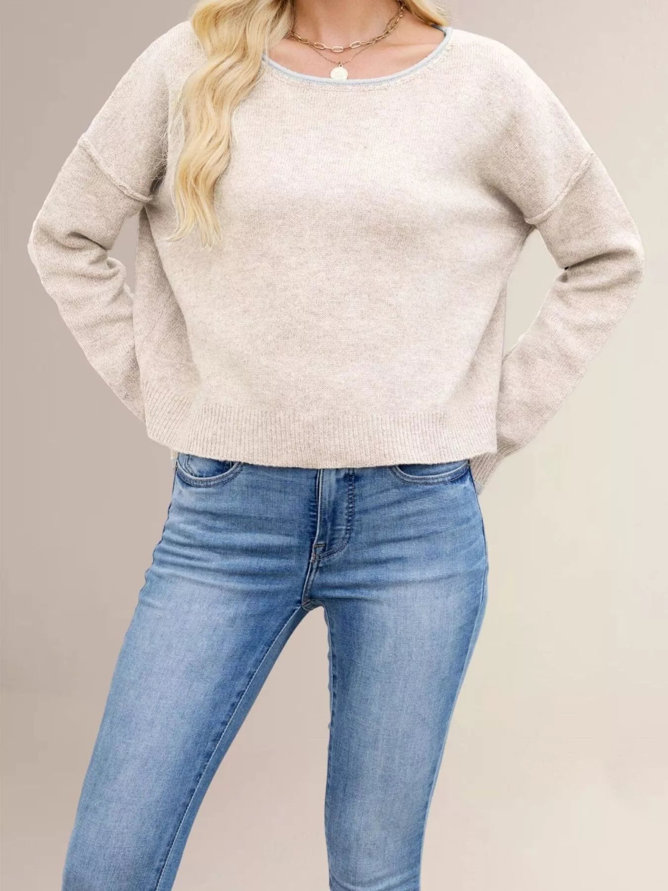 Trendsi Contrast Trim Dropped Shoulder Sweater -
