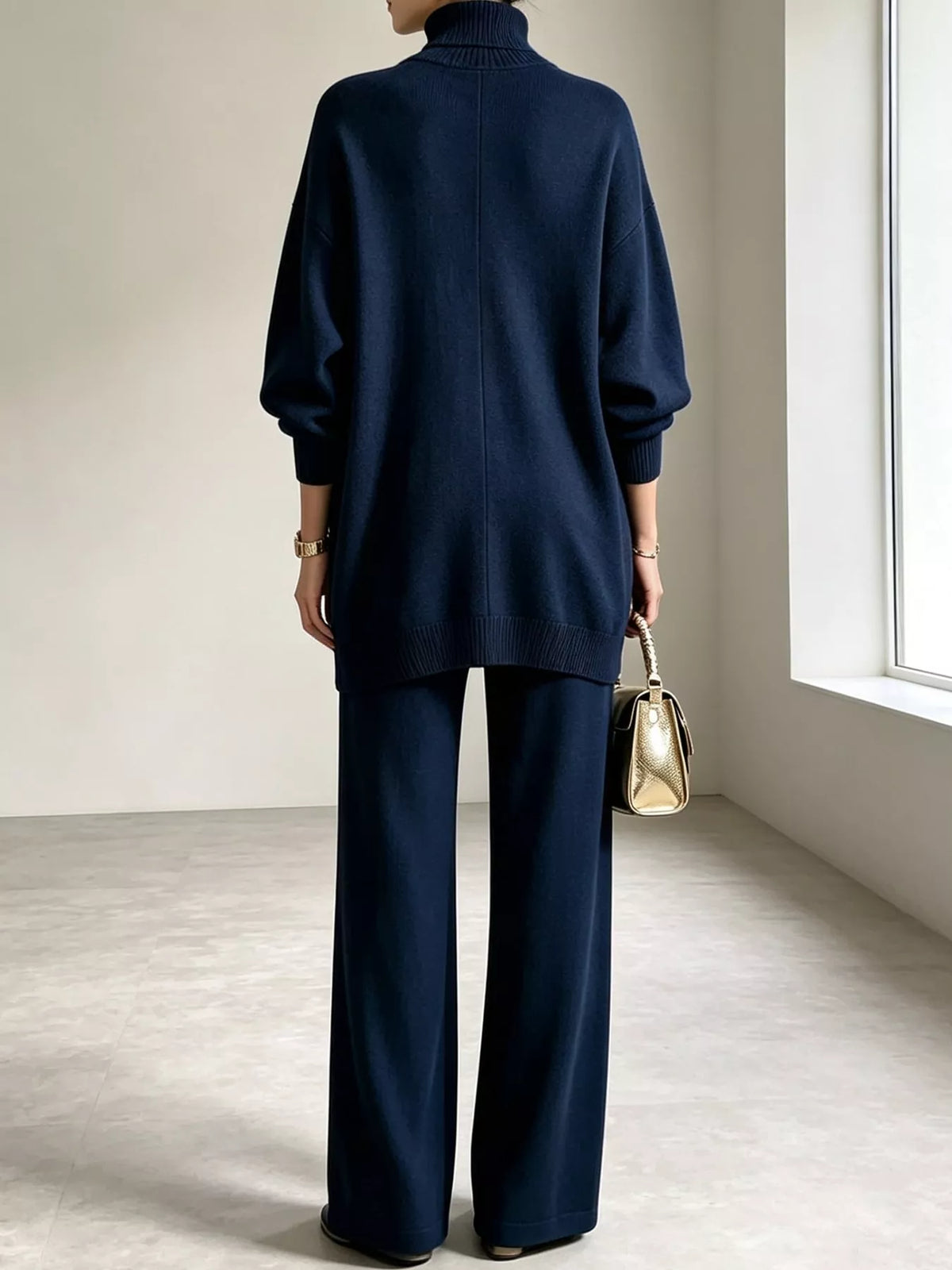 Navy turtleneck long sleeve top and pants sweater set, back view