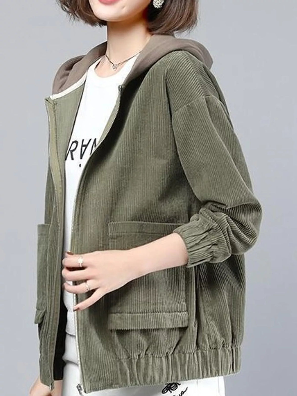 Olive corduroy hooded zip-up jacket — front view
