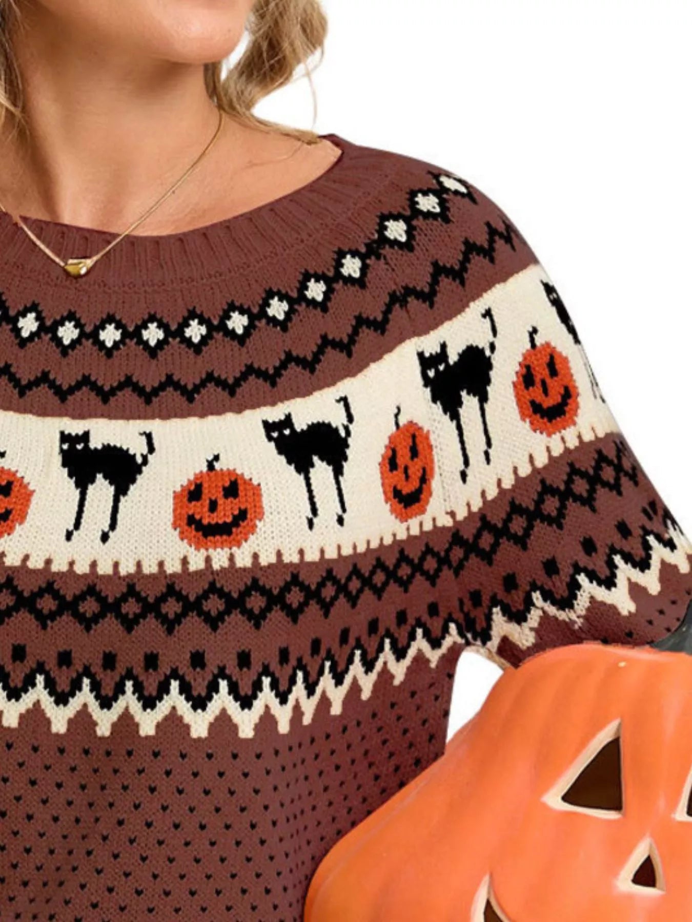 Trendsi Halloween Pumpkin and Cat Pattern Knit Round Neck Sweater -