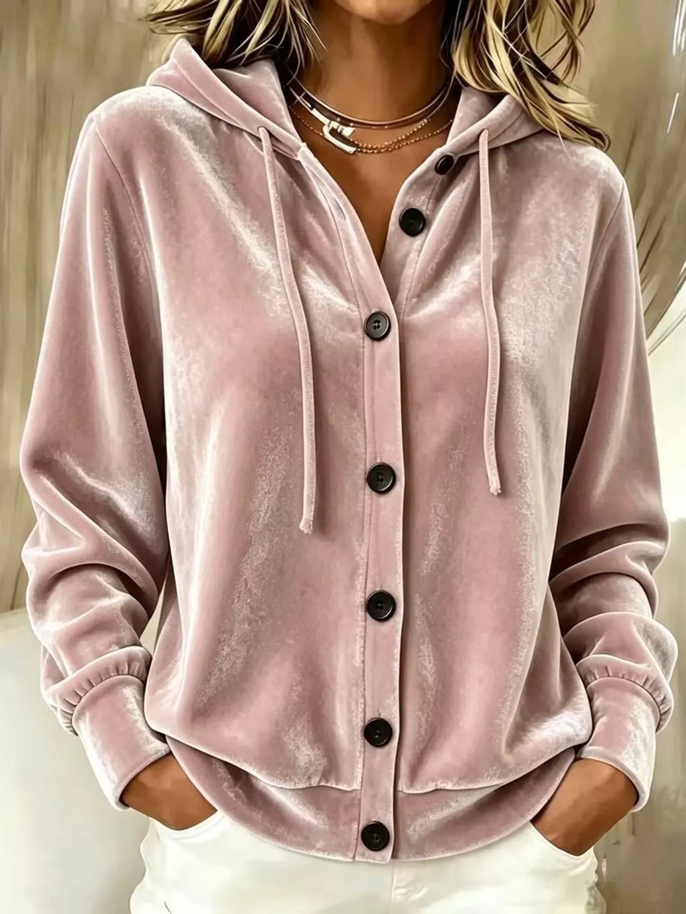 Trendsi Full Size Velvet Button-Down Hooded Outerwear Plus Size -