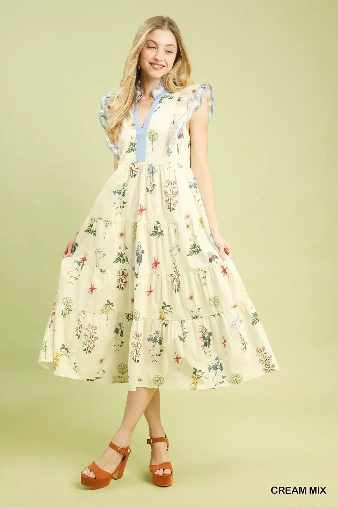 Trendsi Umgee Mix Floral Tiered Ruffle Midi Dress -