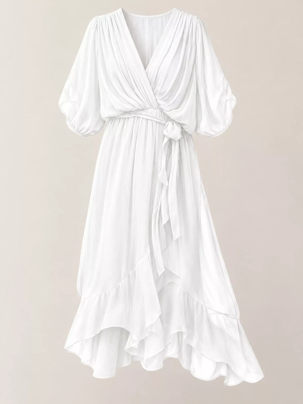 White batwing sleeve wrap dress with waist tie, front view