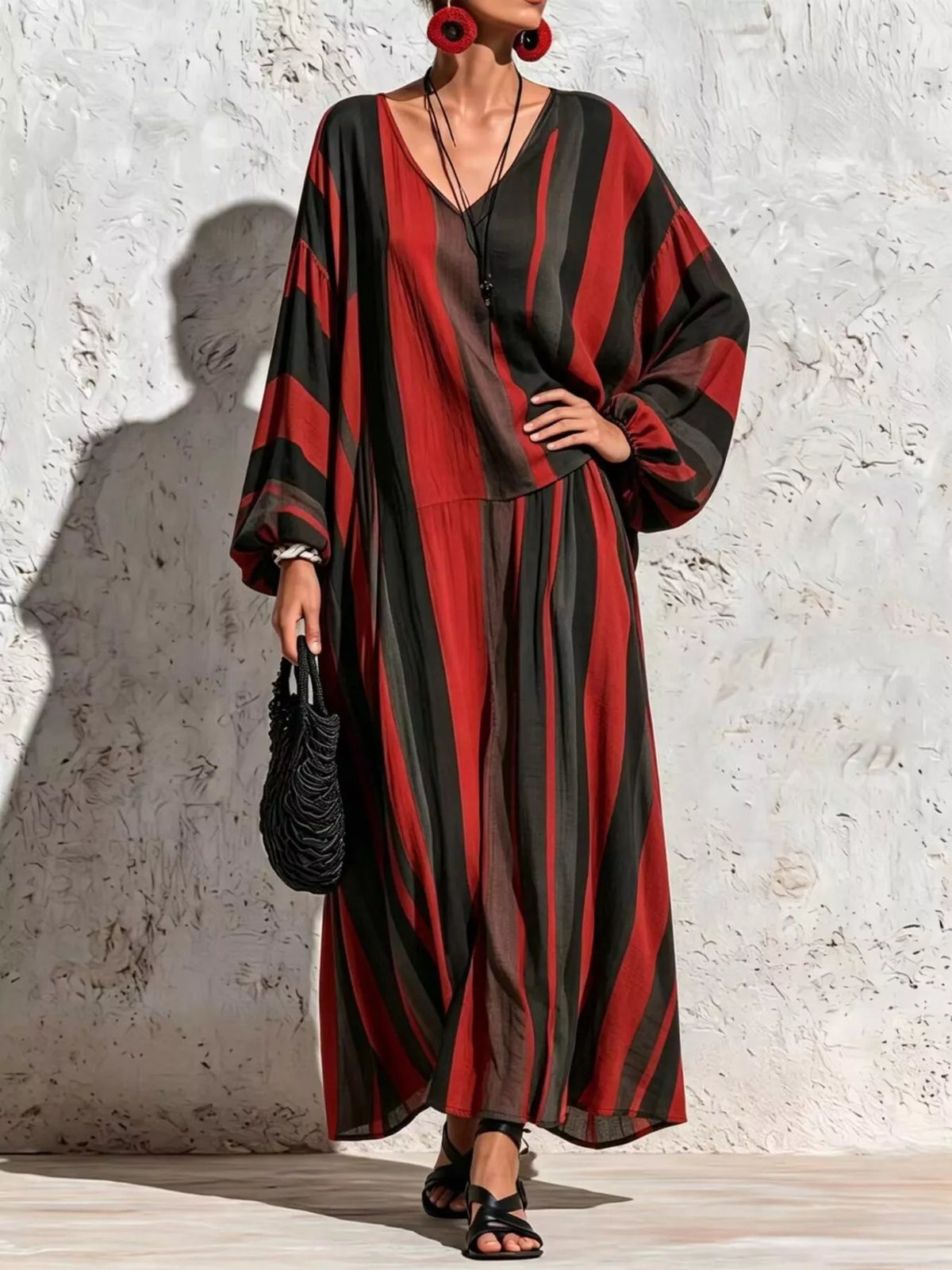Red and black striped v-neck top and wide-leg pants set, full front view.