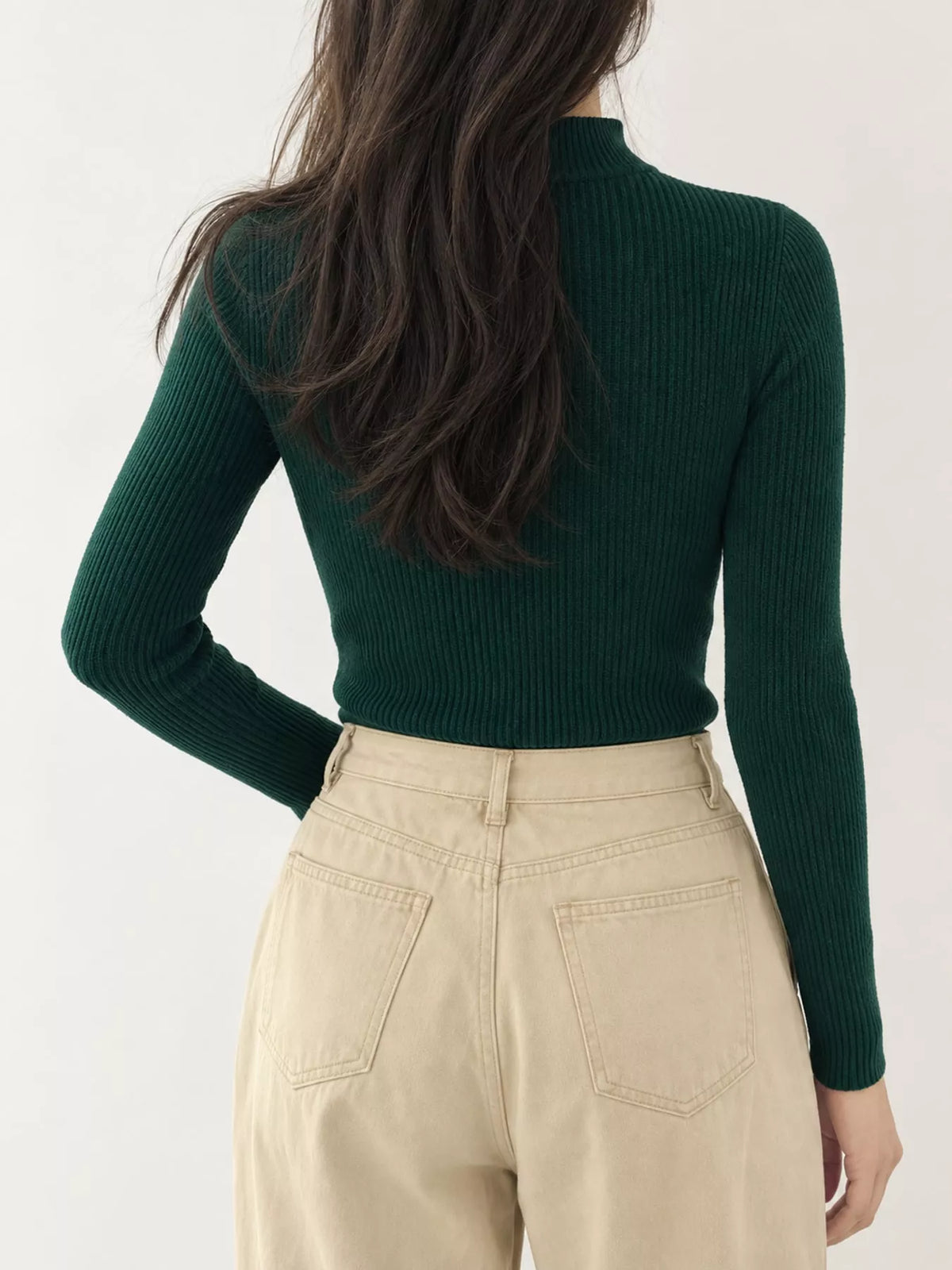 Forest green ribbed mock neck long sleeve knit top, back view