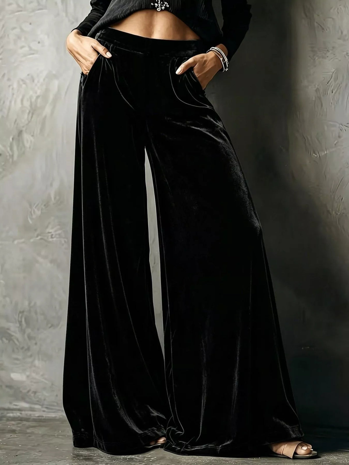 Black wide-leg velvet pants, front view