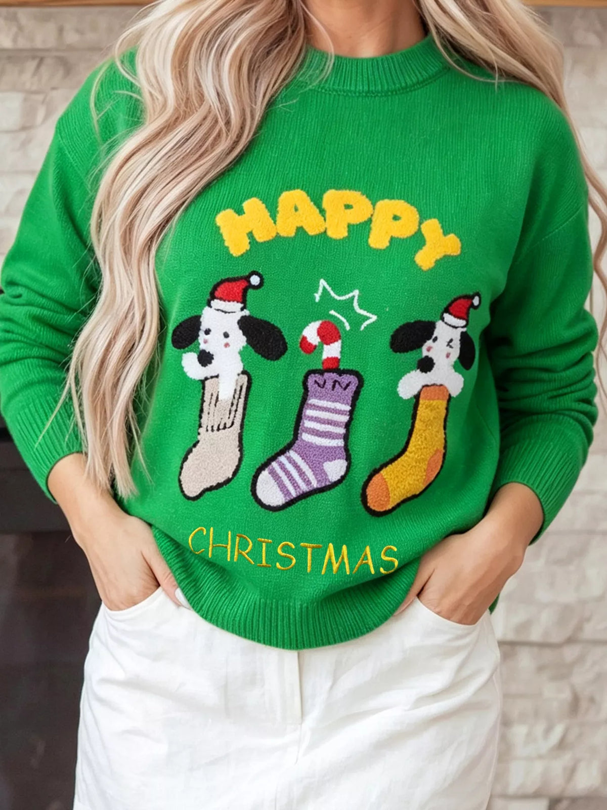 Christmas patch sweater, green angled front