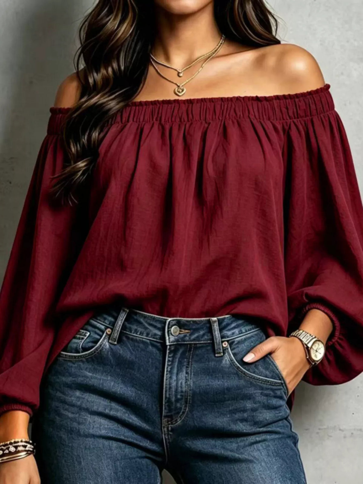 Burgundy off-shoulder long sleeve blouse