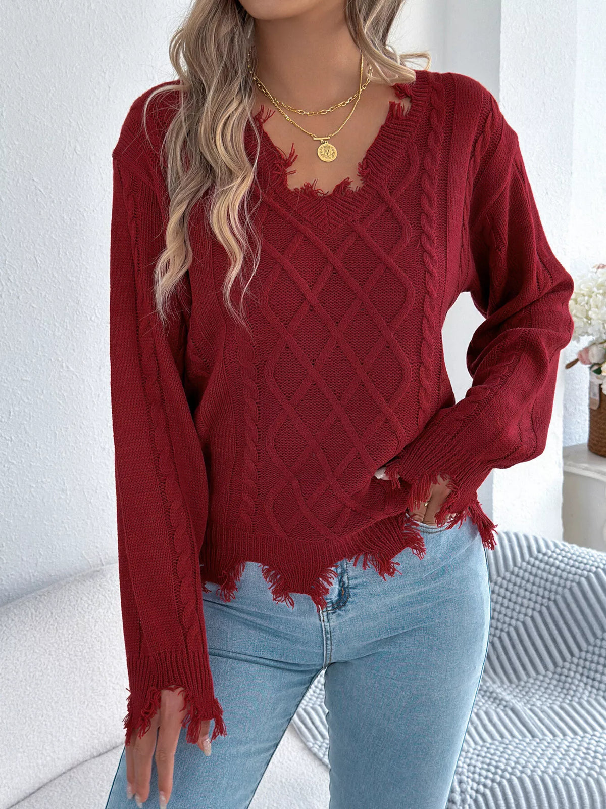 V-Neck Distressed Hem Cable Knit Sweater in burgundy, front view