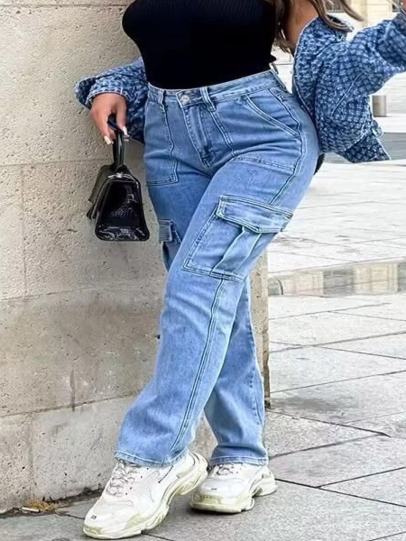 Trendsi Full Size Light Wash Cargo Jeans with Multiple Pockets Plus Size -