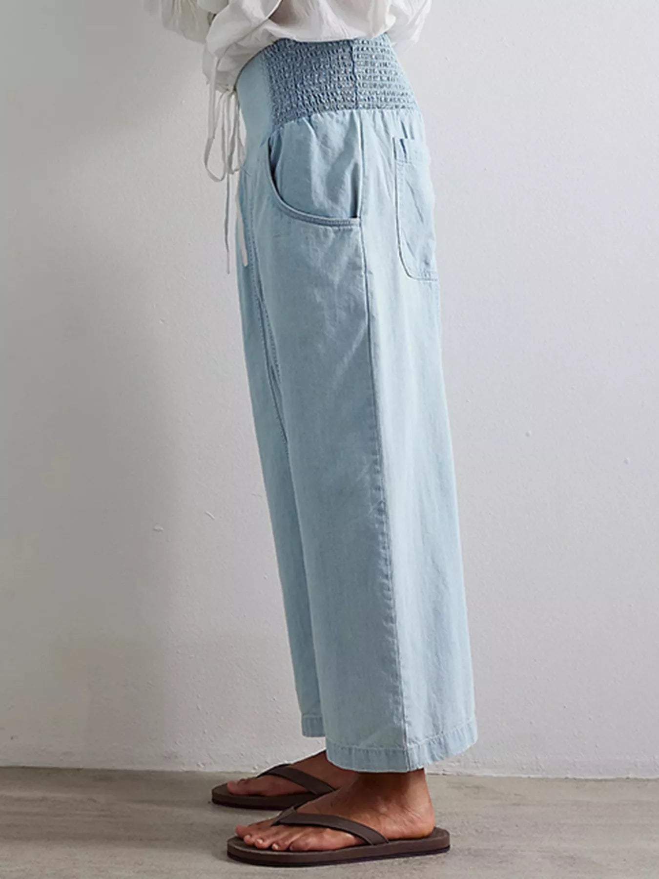 Trendsi Smocked High-Waisted Wide Leg Jeans -