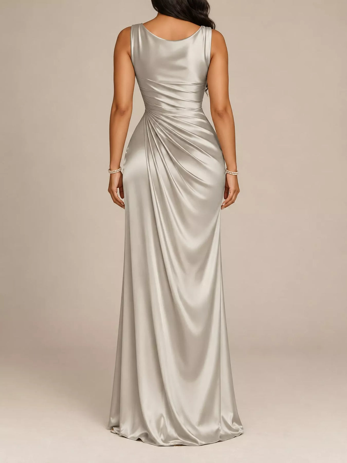 Silver satin cowl neck high slit evening maxi dress, back view
