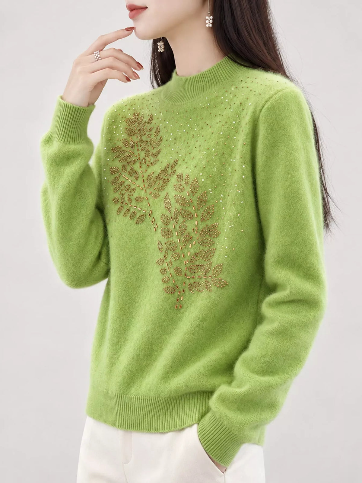 Rhinestone Leaf Mock Neck Sweater — front view