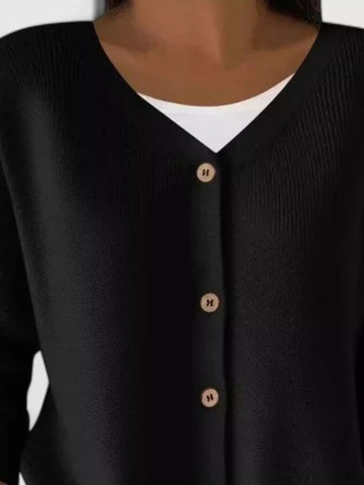 Black ribbed button-front cardigan, neckline close-up