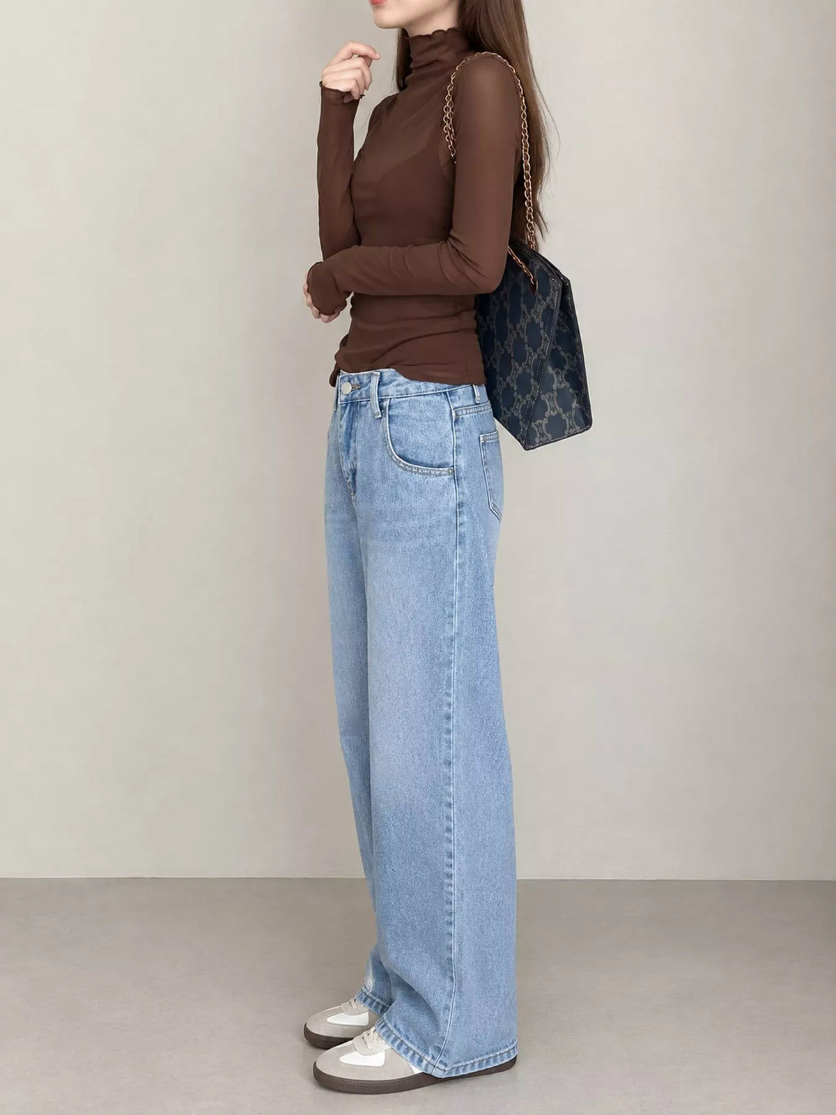 Brown sheer turtleneck mesh t-shirt, side view