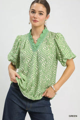 Trendsi Umgee Printed Puff Sleeve Ruffle Neck Top -