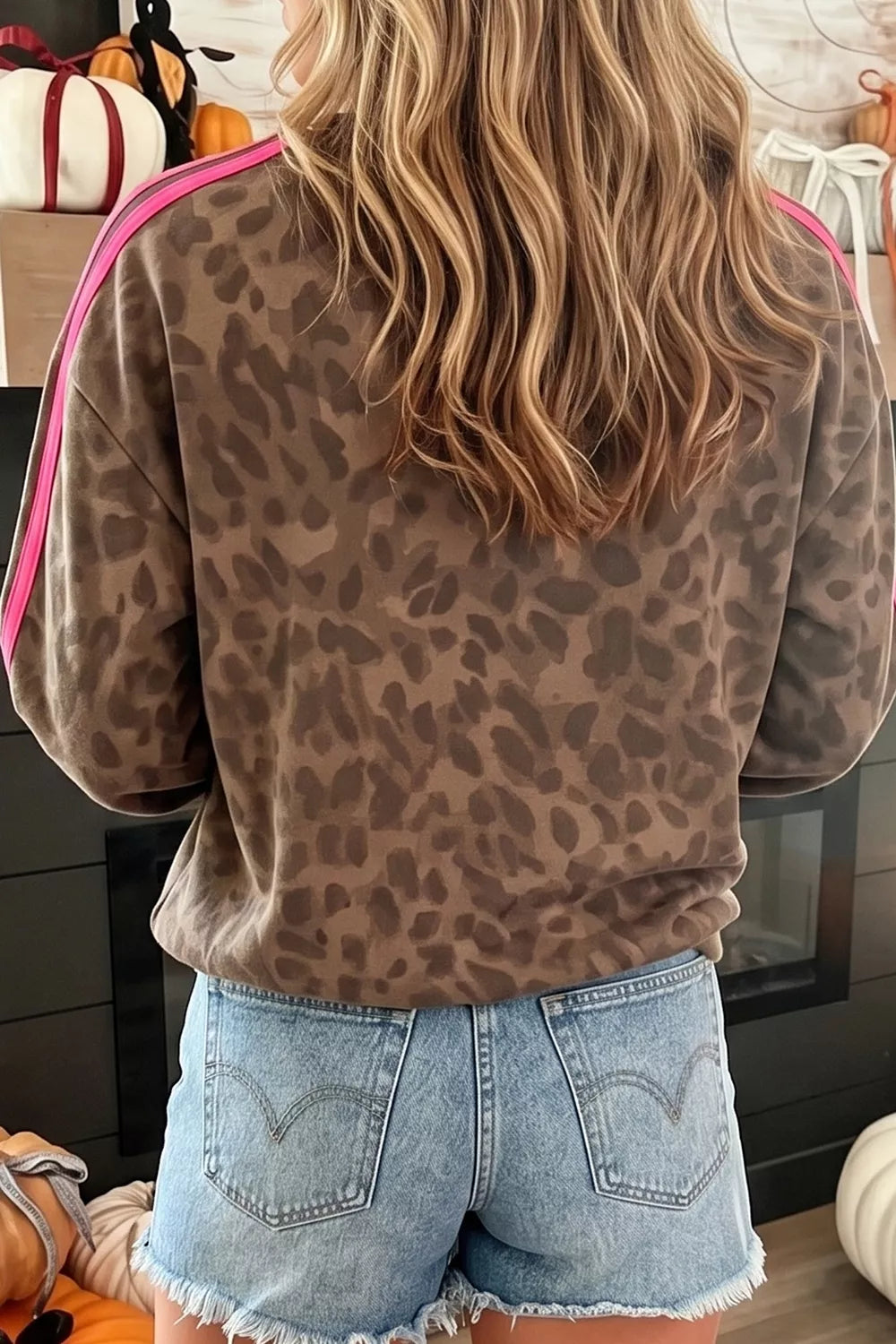 Trendsi Side Stripes Leopard Round Neck Sweatshirt -