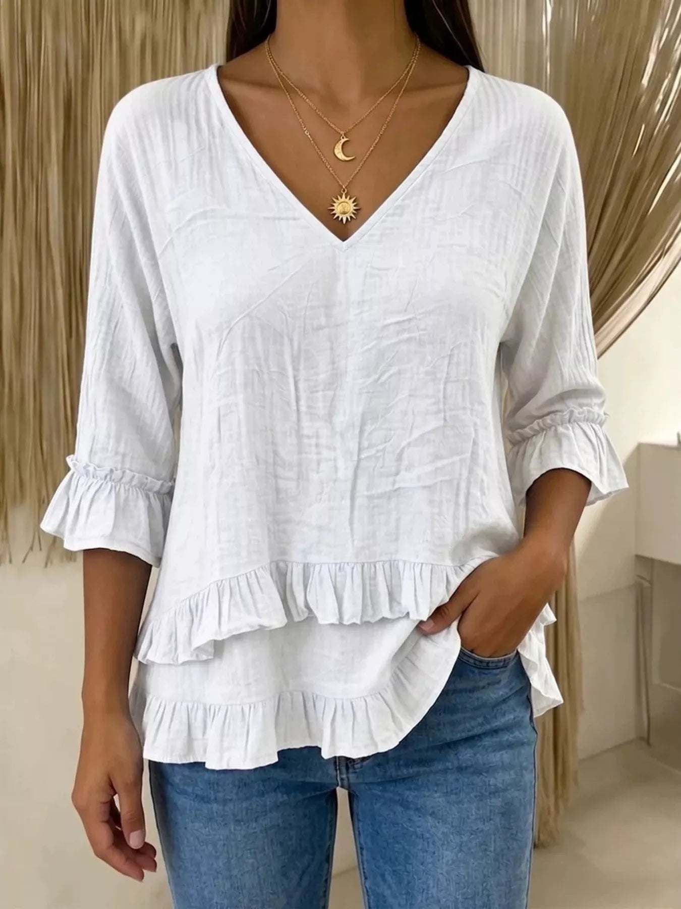 Trendsi V-Neck Ruffle Sleeve Top -
