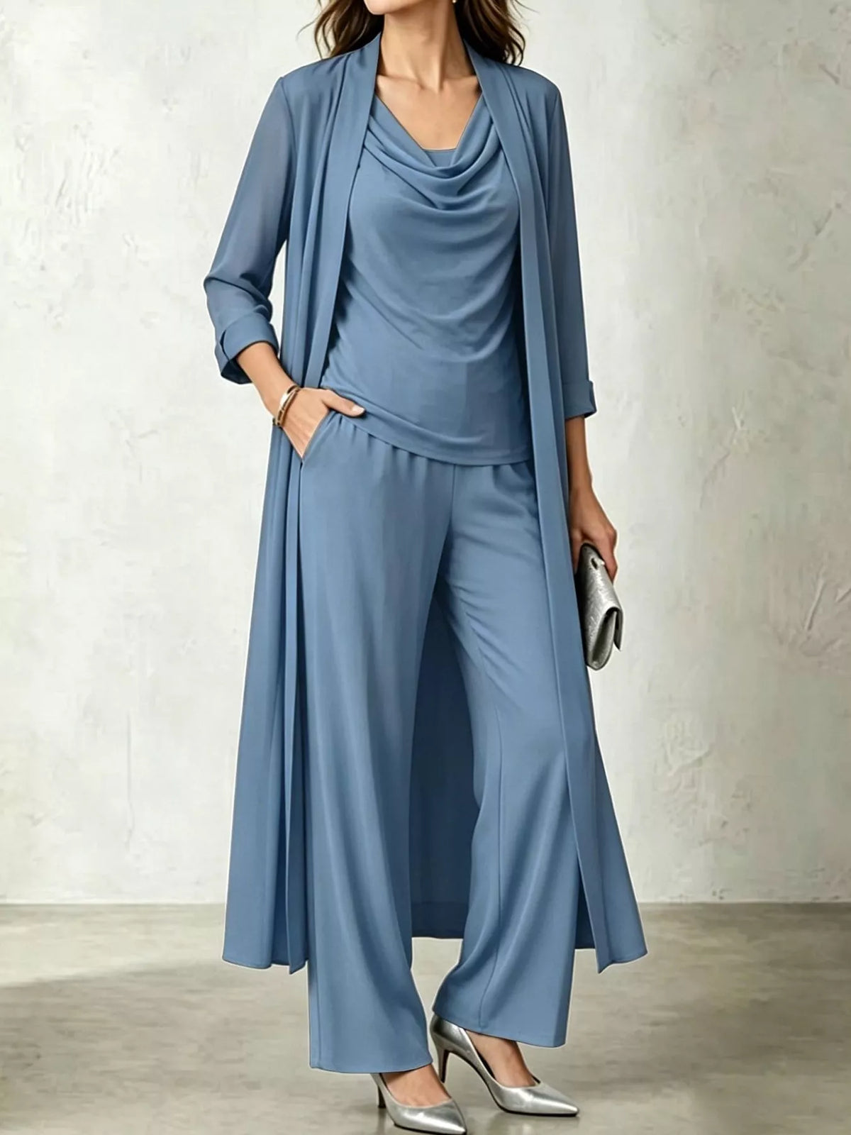 Blue cowl neck top, cardigan and pants set, front view