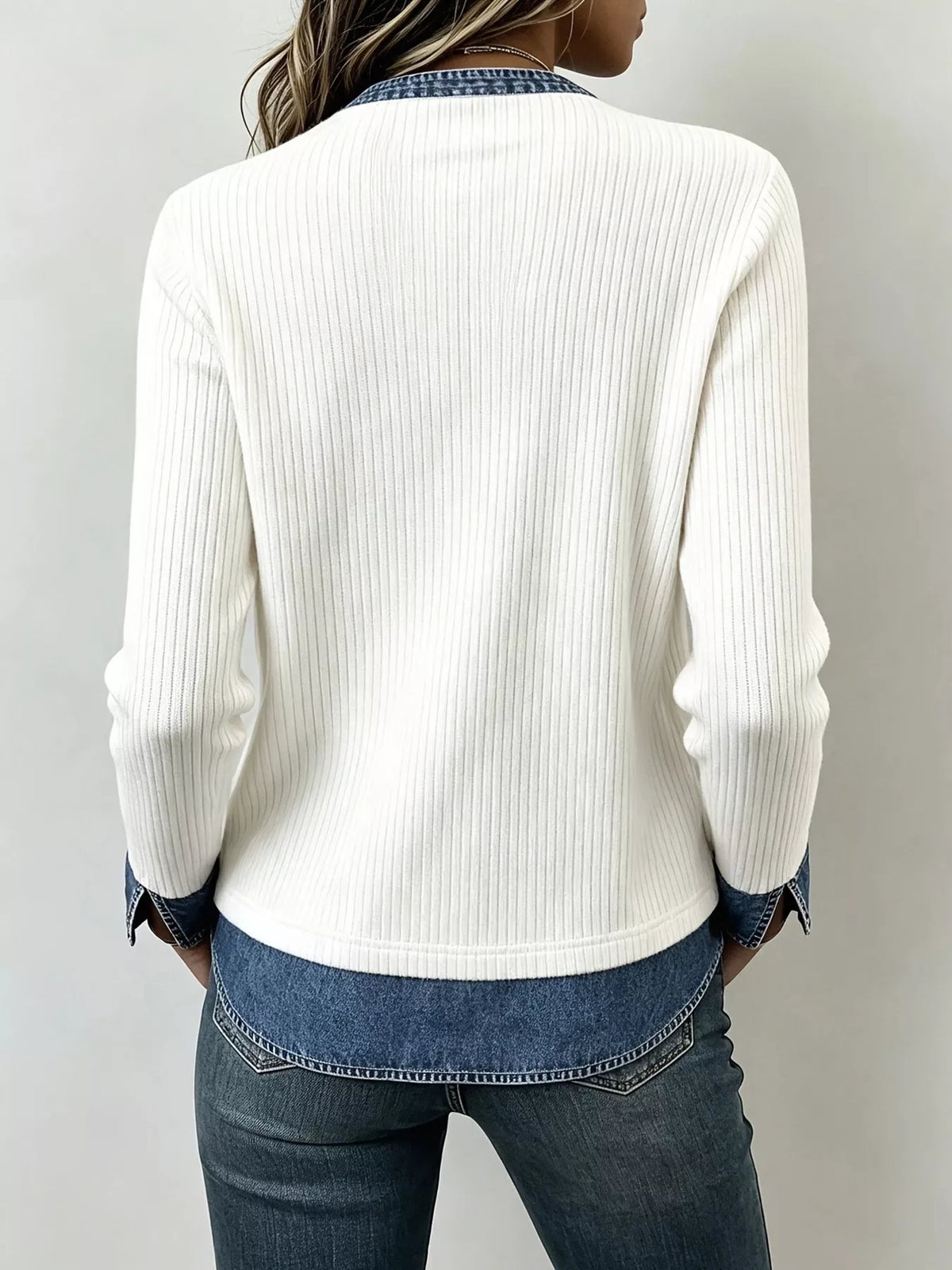 Women's Denim Trim V-Neck Ribbed Knit Top in Off-white, alternate view