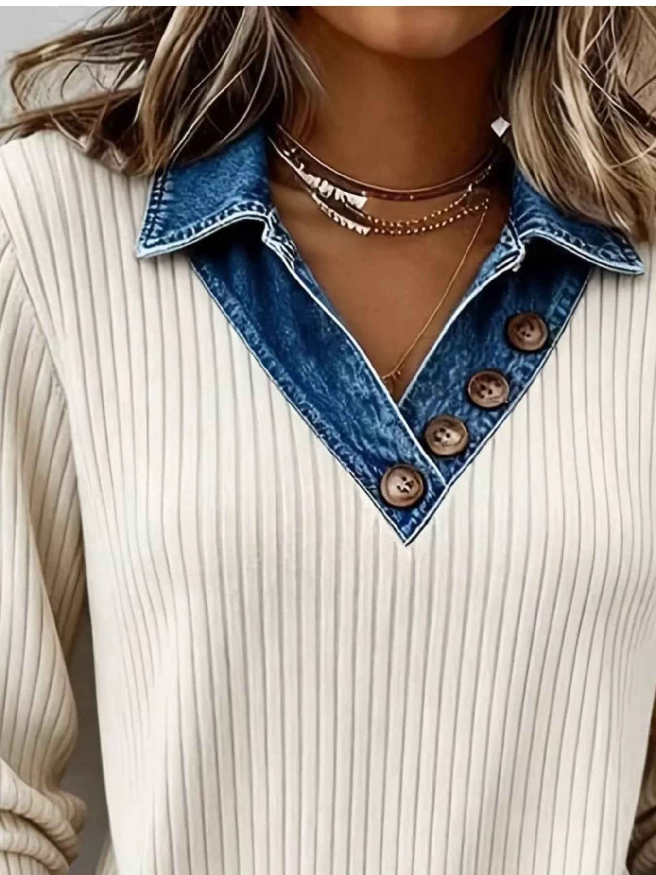 Trendsi Denim Collar Ribbed Knit Top -