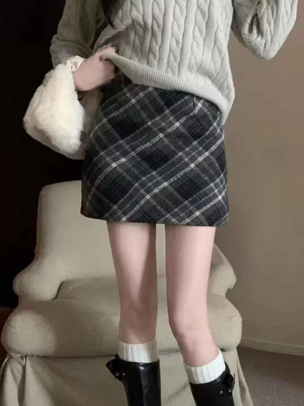 Gray vintage plaid a-line mini skirt