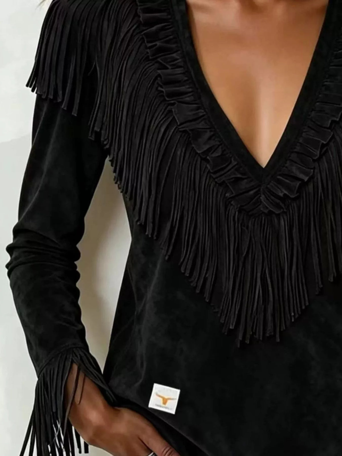 Fringed V-Neck Blouse in black, fringe detail