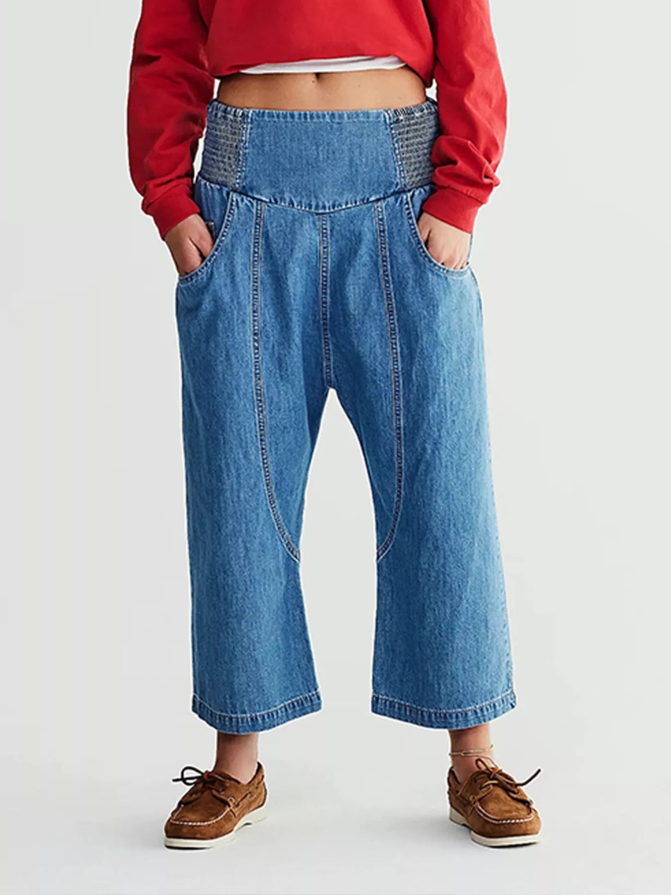 Trendsi Smocked High-Waisted Wide Leg Jeans -
