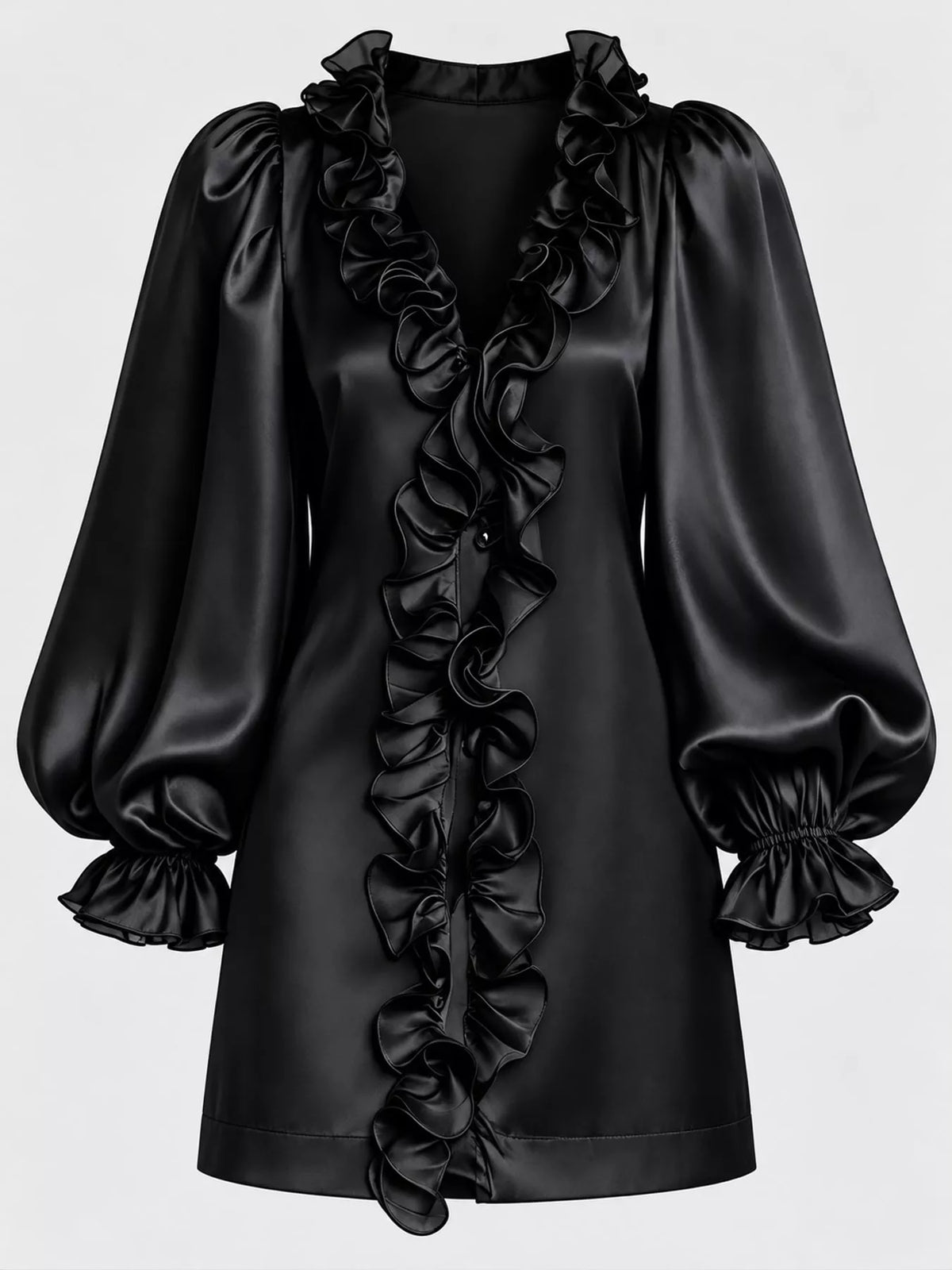 Ruffle Trim Puff Sleeve Mini Dress in black, front view