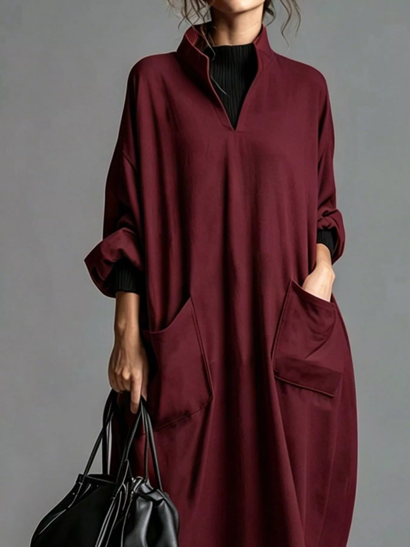Trendsi Full Size Loose-Fit Mock Neck Midi Dress with Pockets Plus Size -