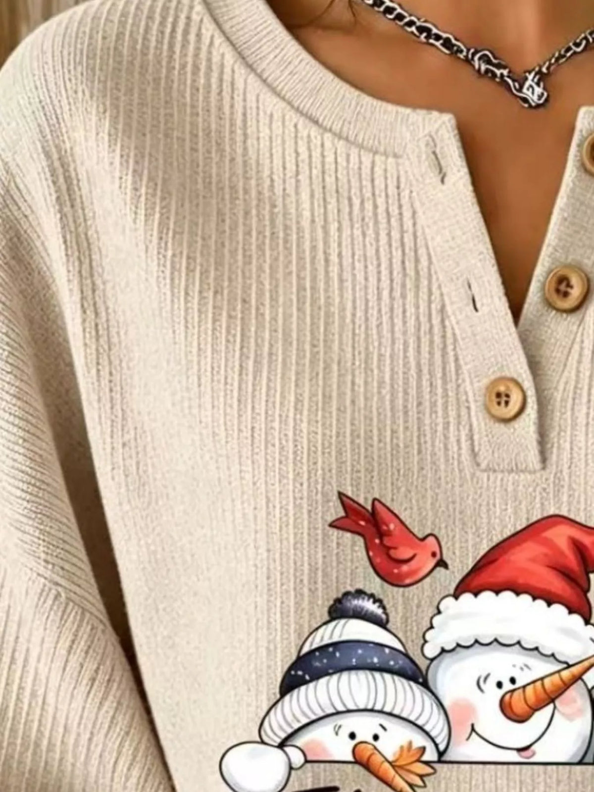 Snowman graphic ribbed Henley sweatshirt in tan, neckline detail