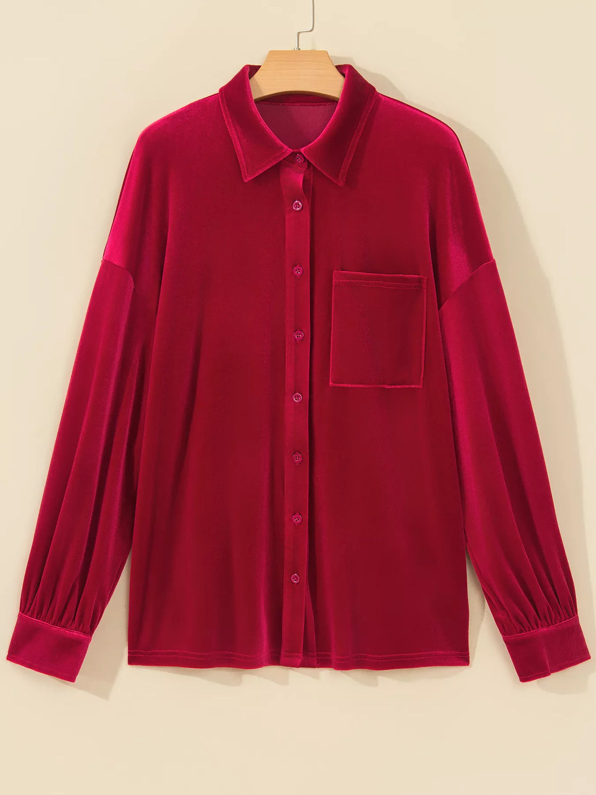 Red velvet button-down shirt with patch pockets — front view