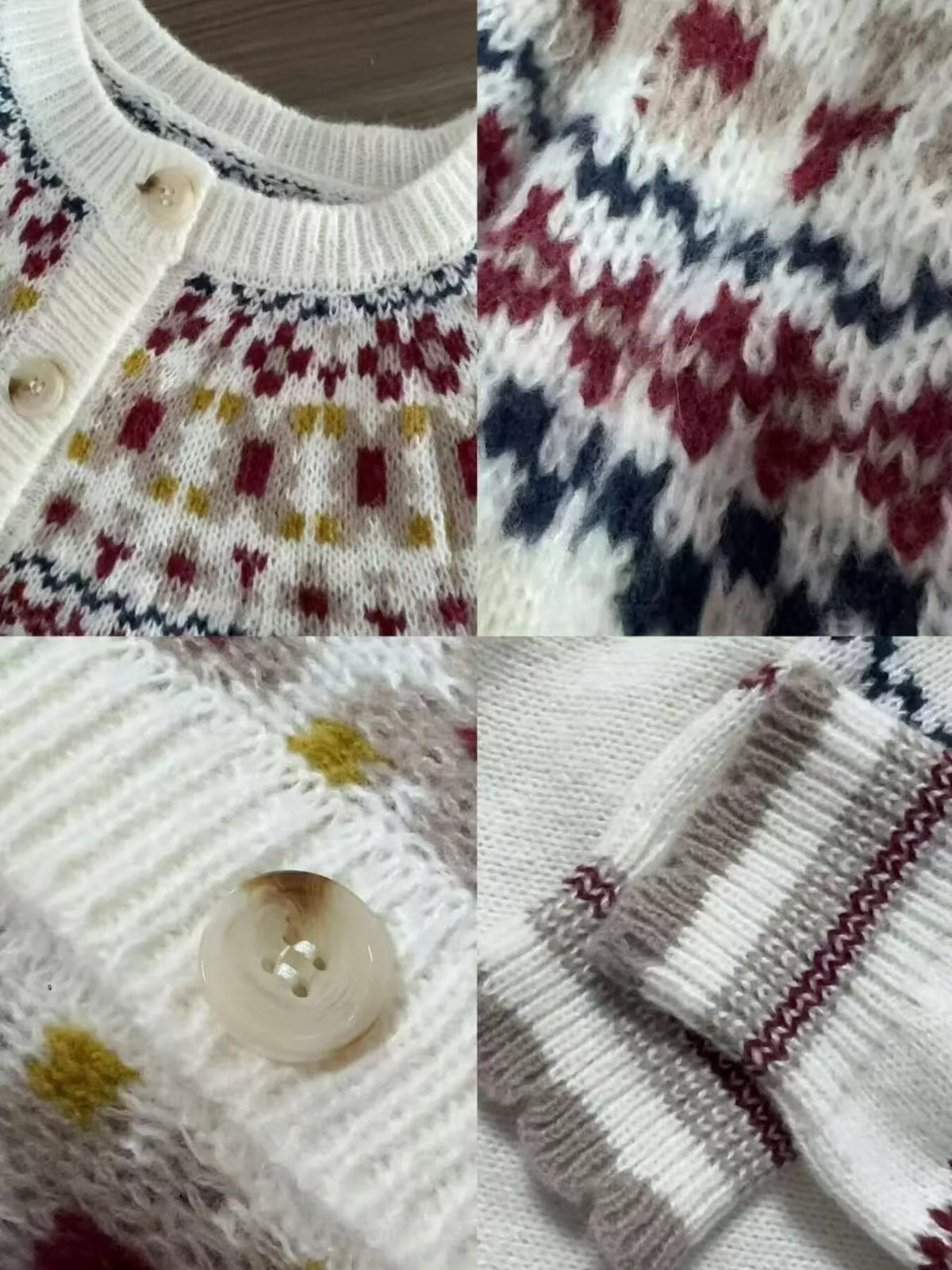 Cream fair isle button-front knit cardigan, collage of neckline, knit, button and cuff details.