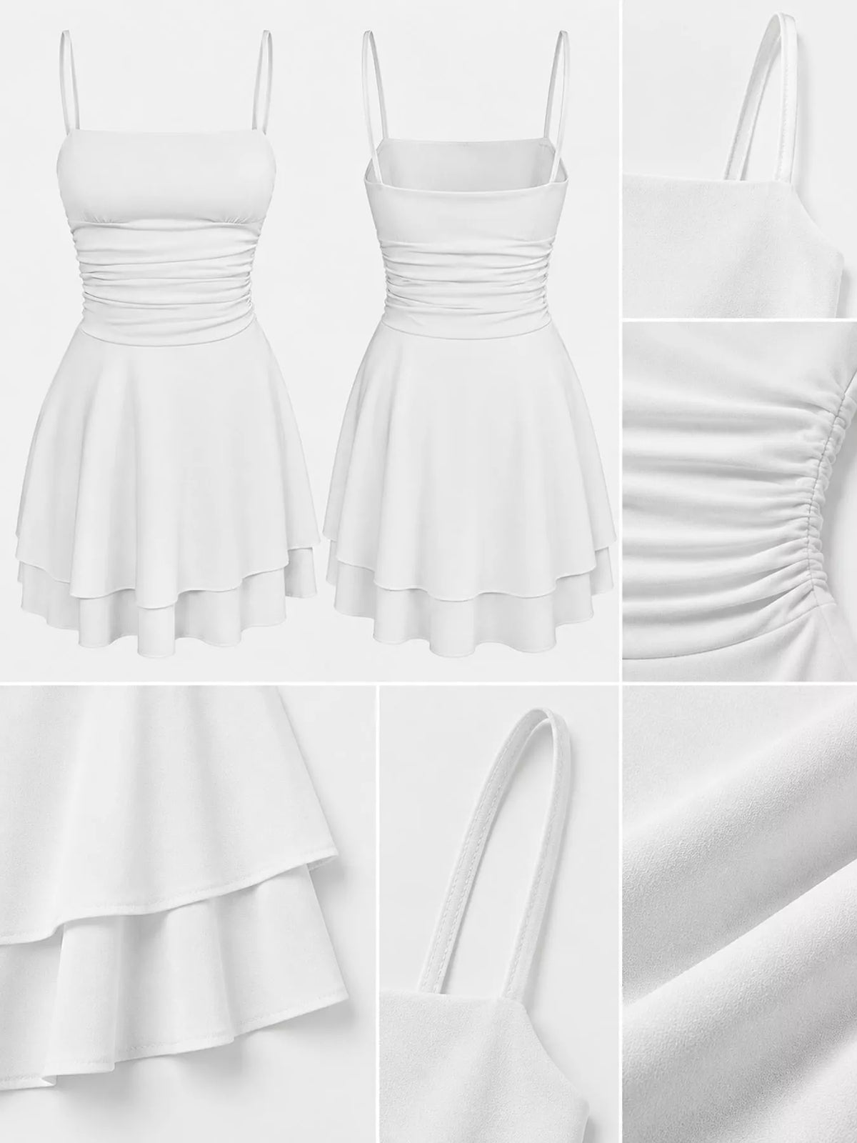 White ruched spaghetti strap layered mini dress, front, back and detail collage