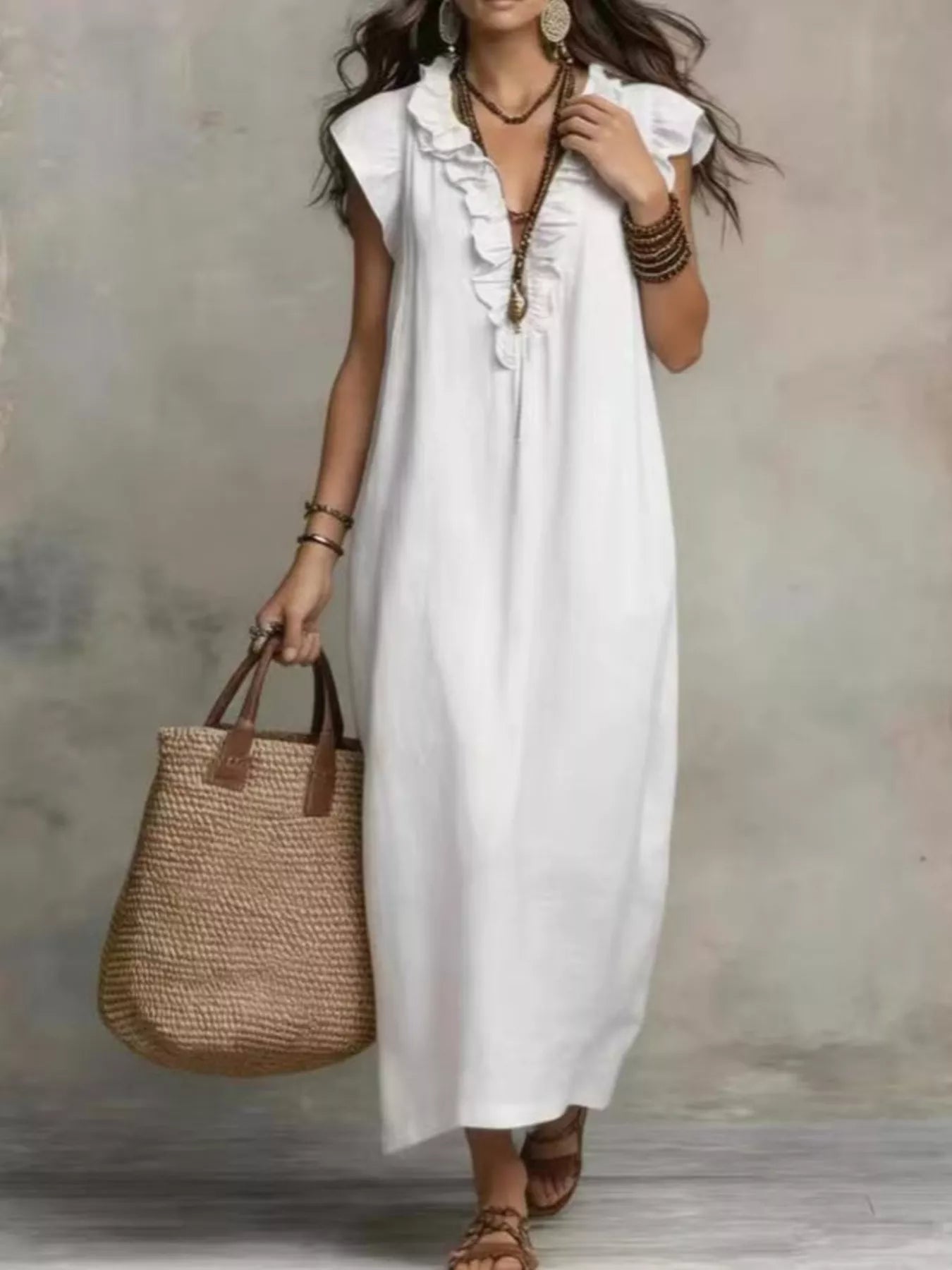 Trendsi Full Size Bohemian Ruffle Neck Maxi Dress Plus Size -