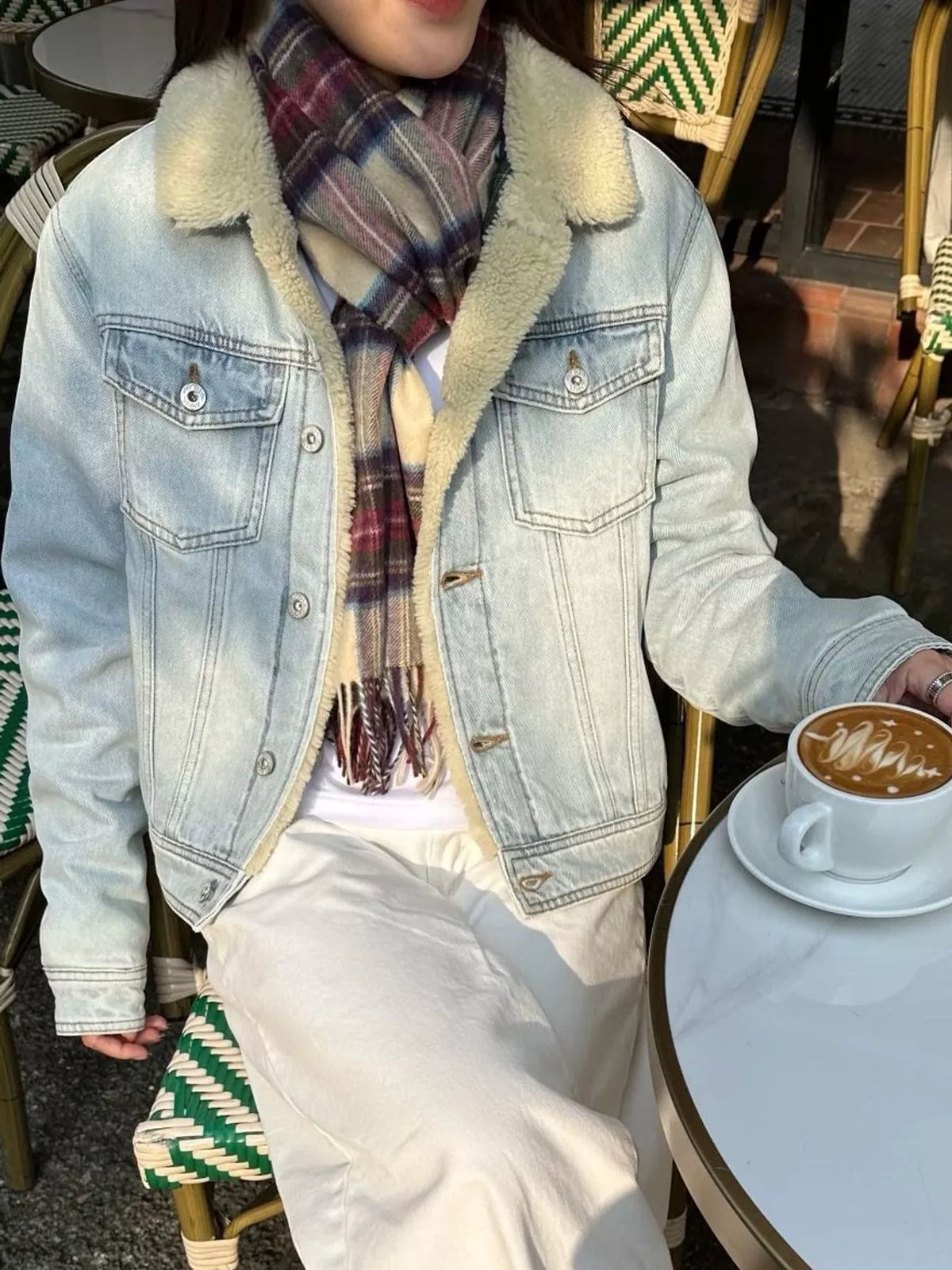 Women's Sherpa-Lined Denim Jacket in light blue — front view