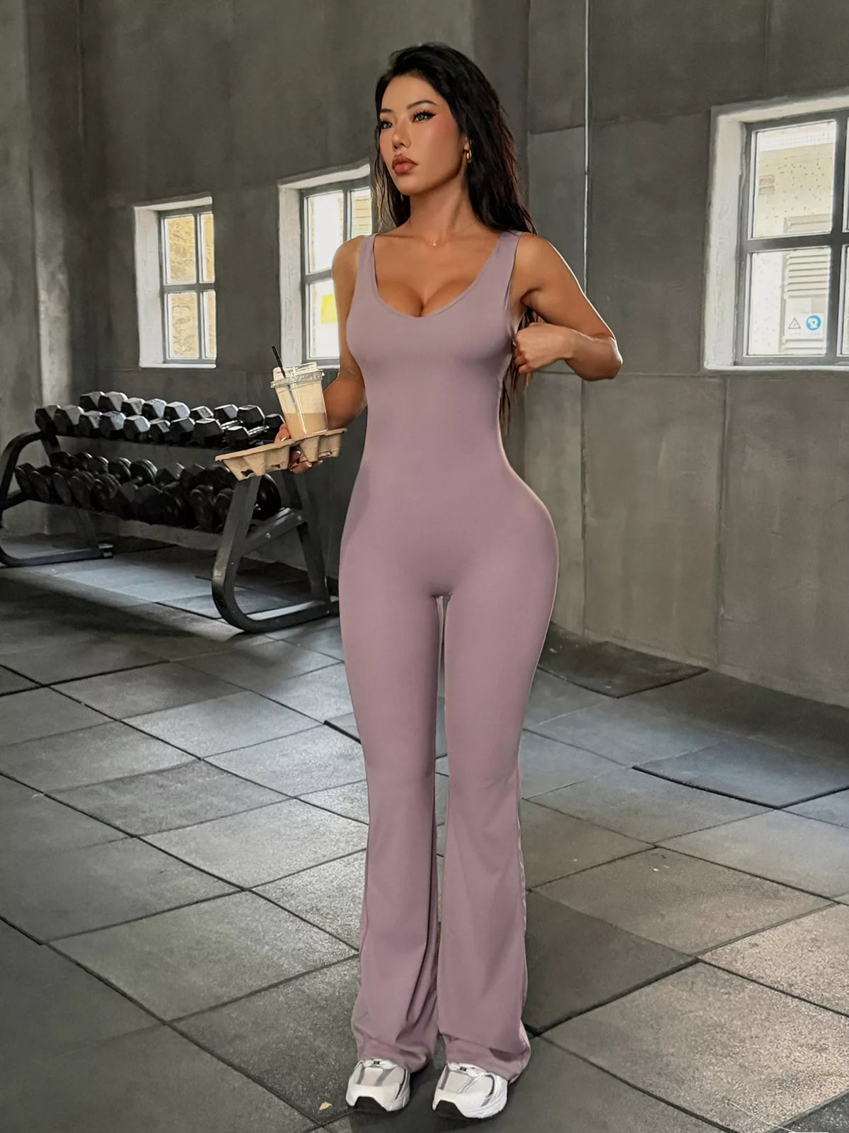 Sleeveless Active Jumpsuit with Flared Leg Design, front view