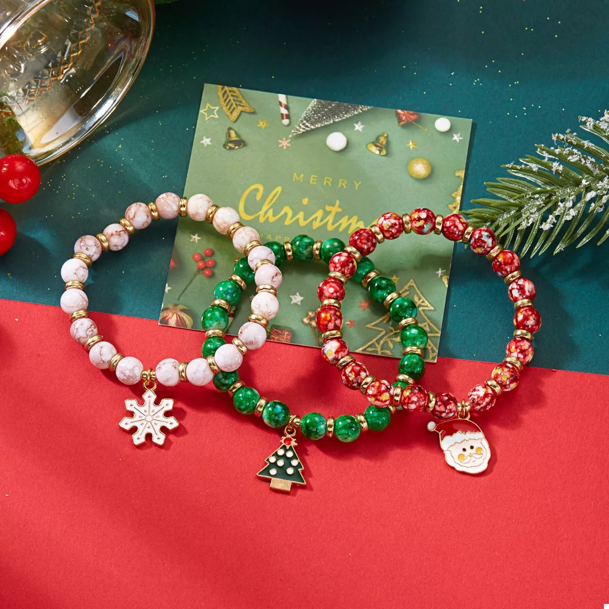 Trendsi 3 Piece Christmas Charm Beaded Bracelet -