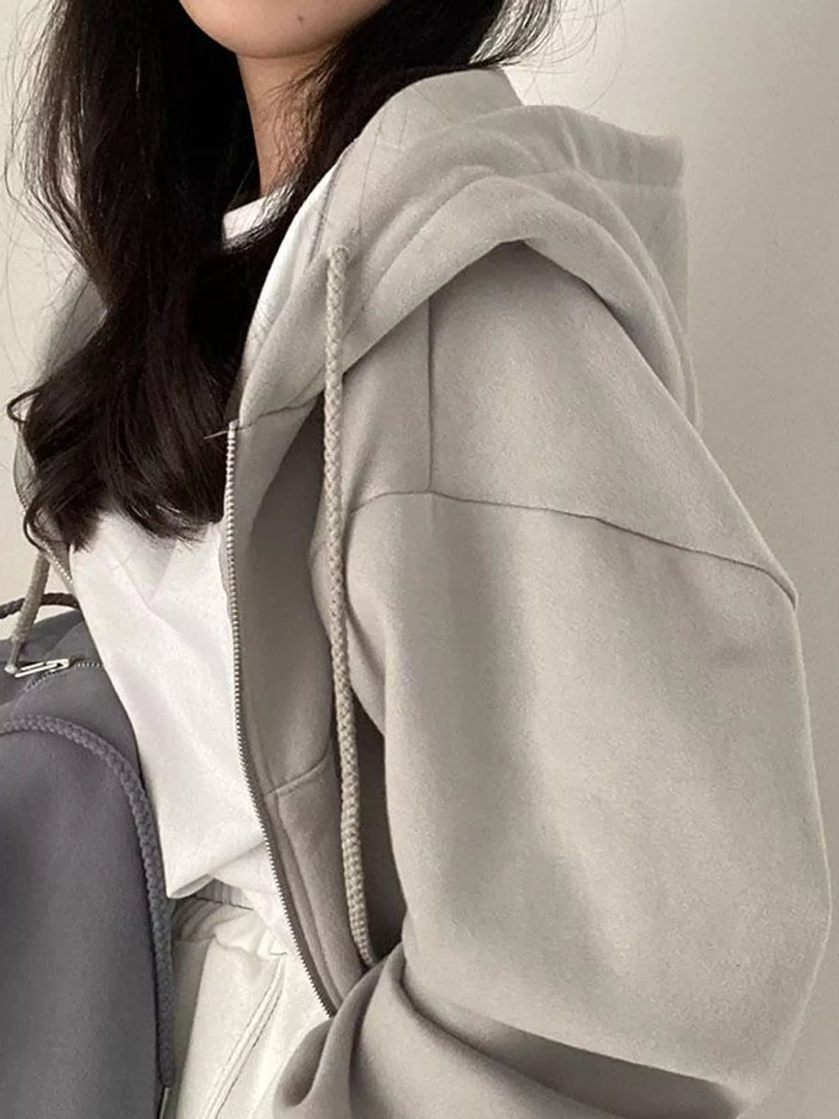 Light Gray oversized zip-up cropped hoodie