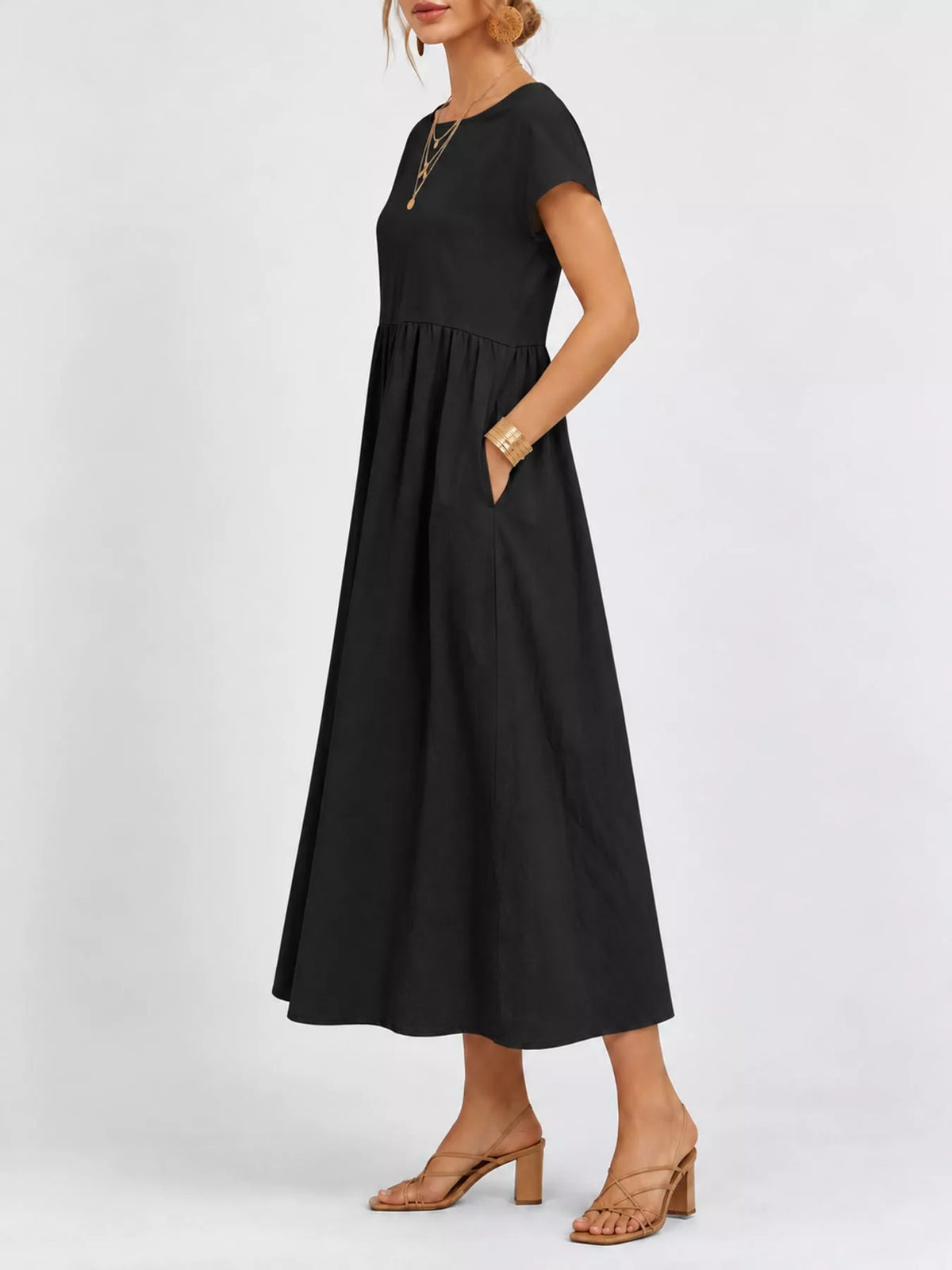 Round neck short sleeve midi dress, side view