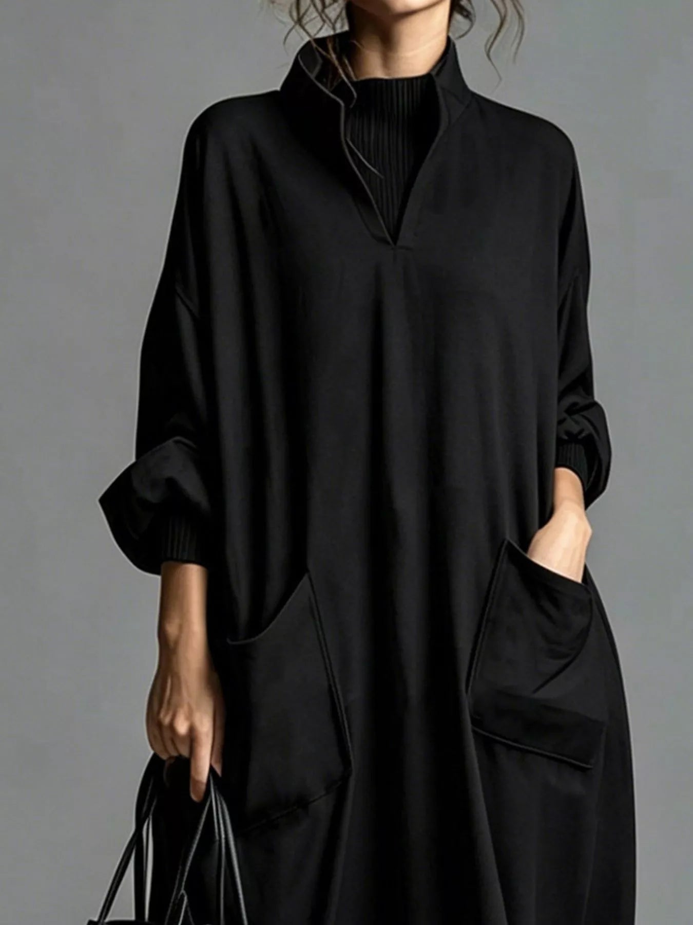 Trendsi Full Size Loose-Fit Mock Neck Midi Dress with Pockets Plus Size -