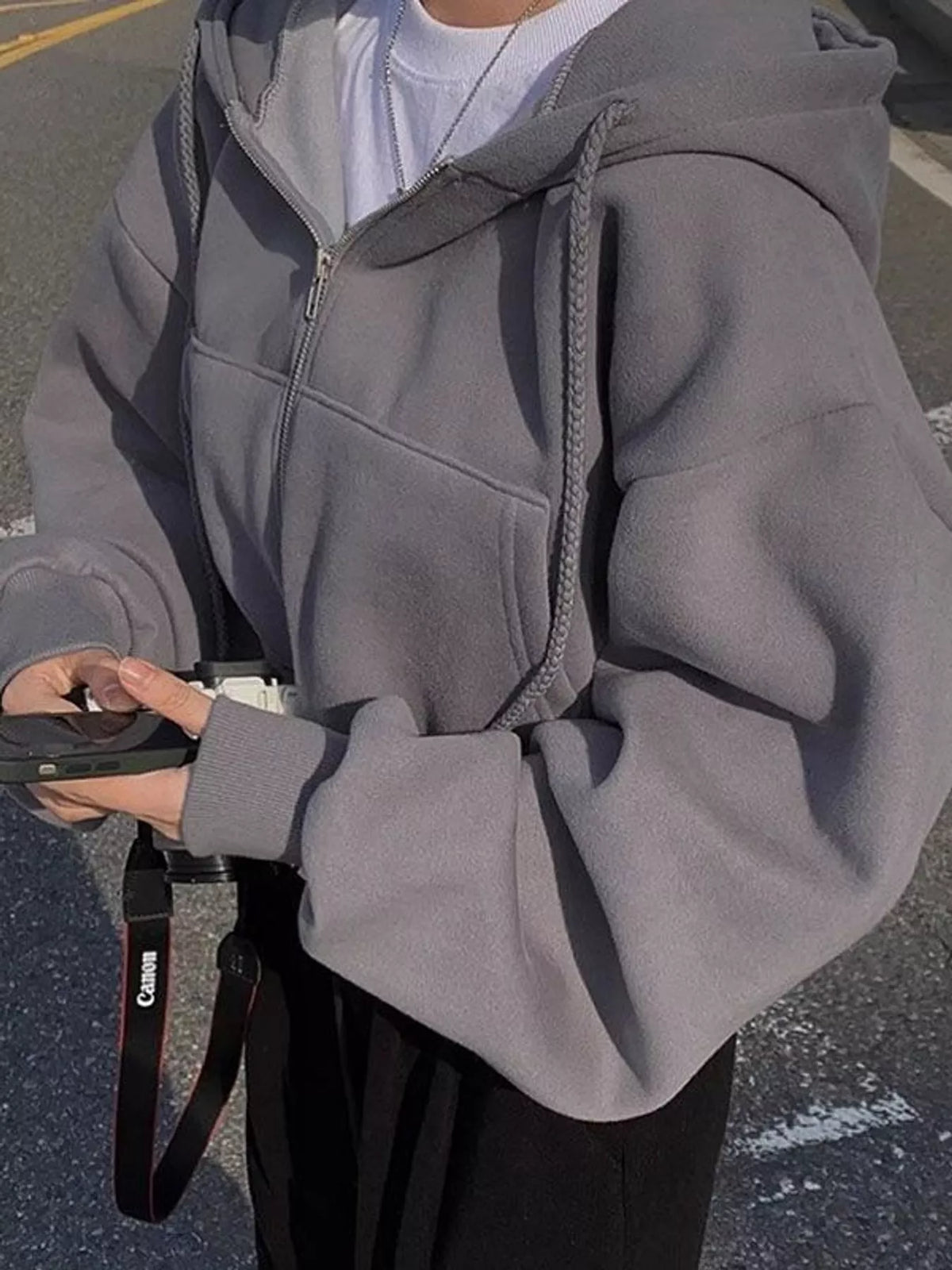 Dark Gray oversized zip-up cropped hoodie