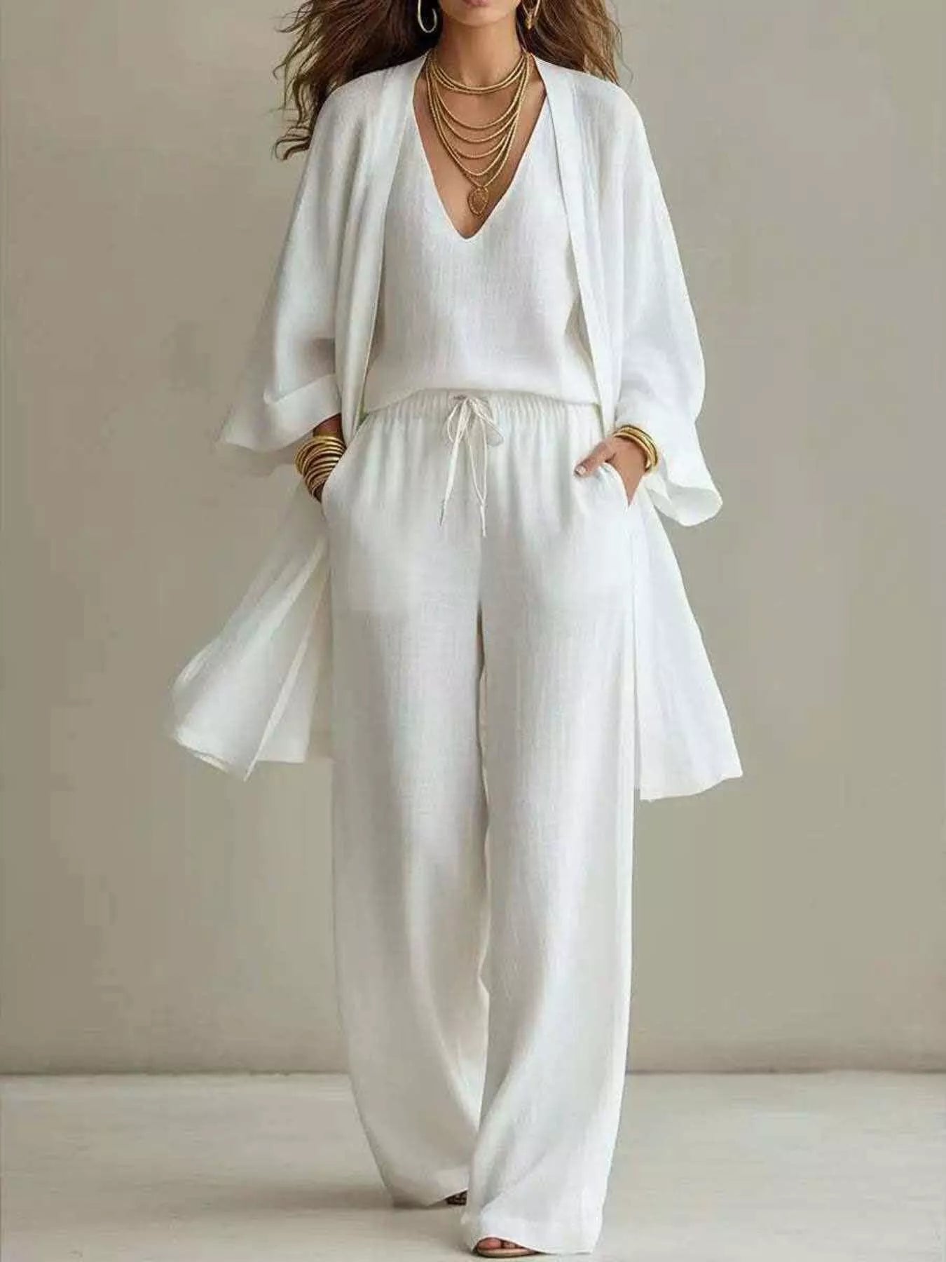 Trendsi V-Neck Top & Cardigan & Pants Three-Piece Set -