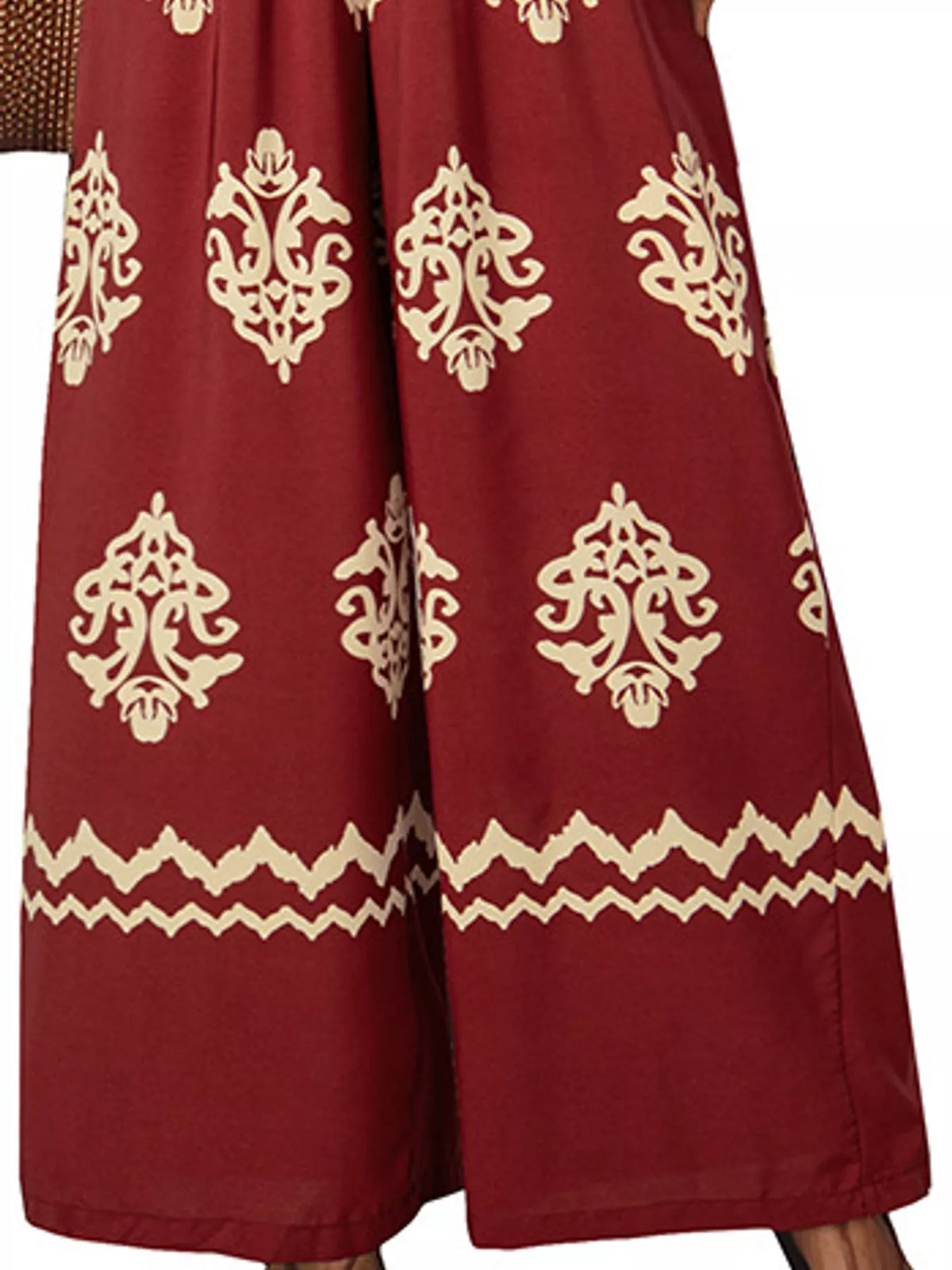 Wide-leg ornamental-print short-sleeve jumpsuit, garment detail