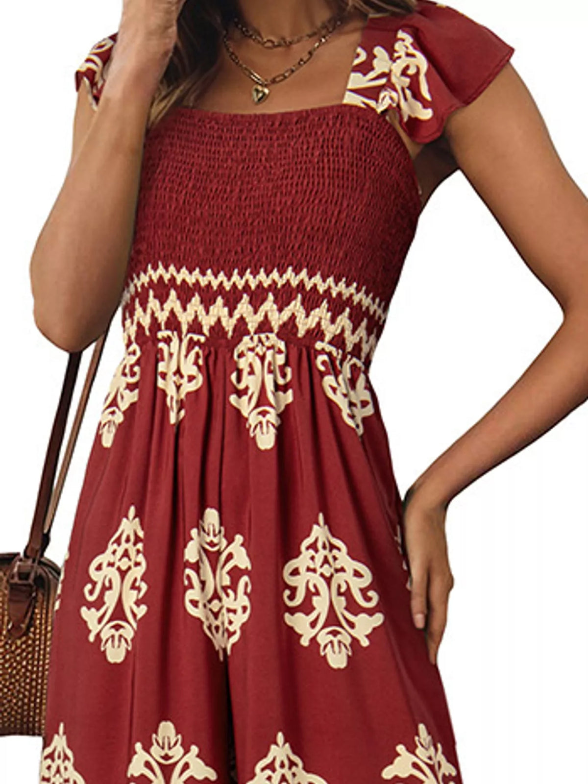 Wide-leg ornamental-print short-sleeve jumpsuit, garment detail
