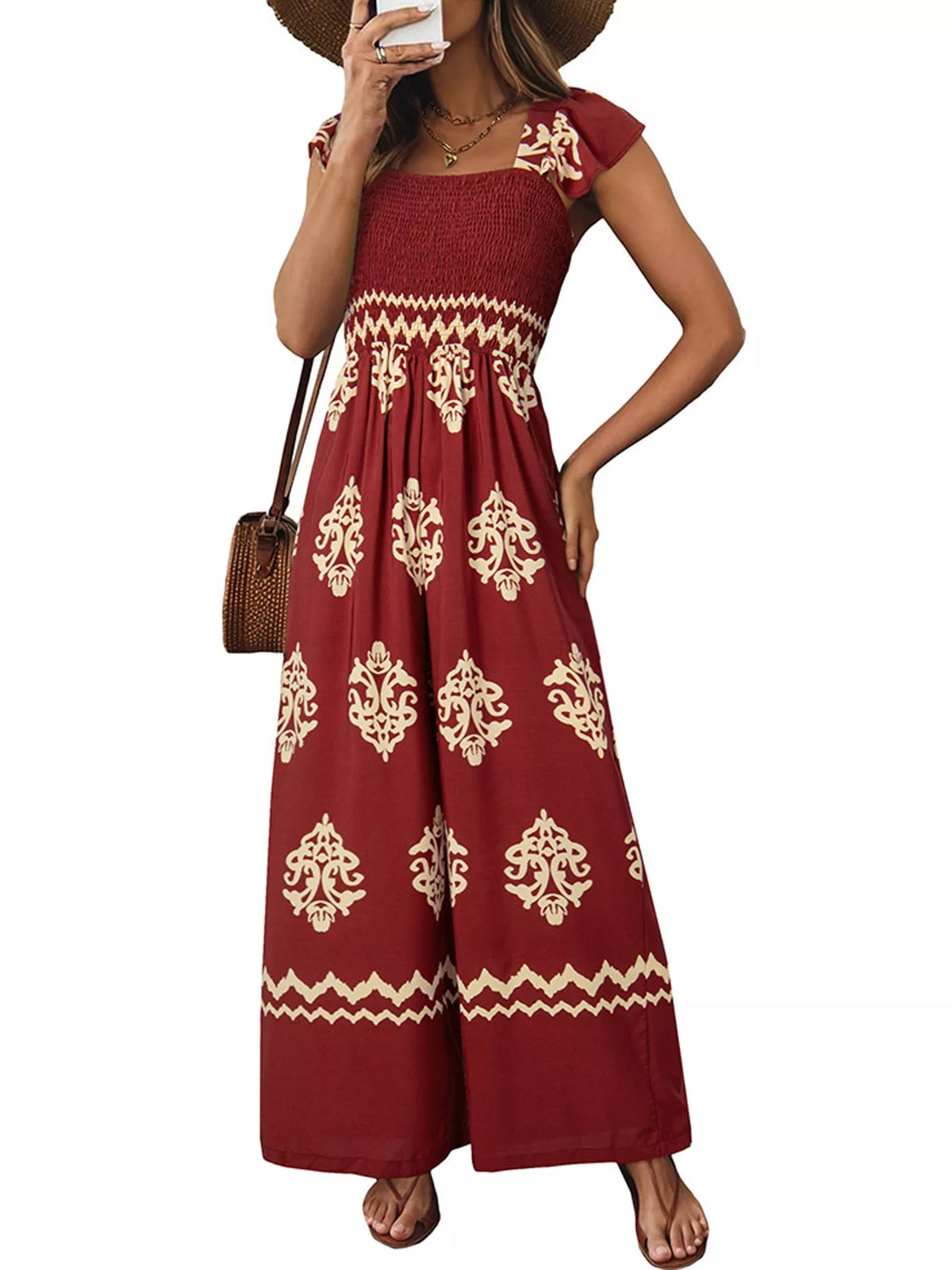 Red wide-leg ornamental-print short-sleeve jumpsuit