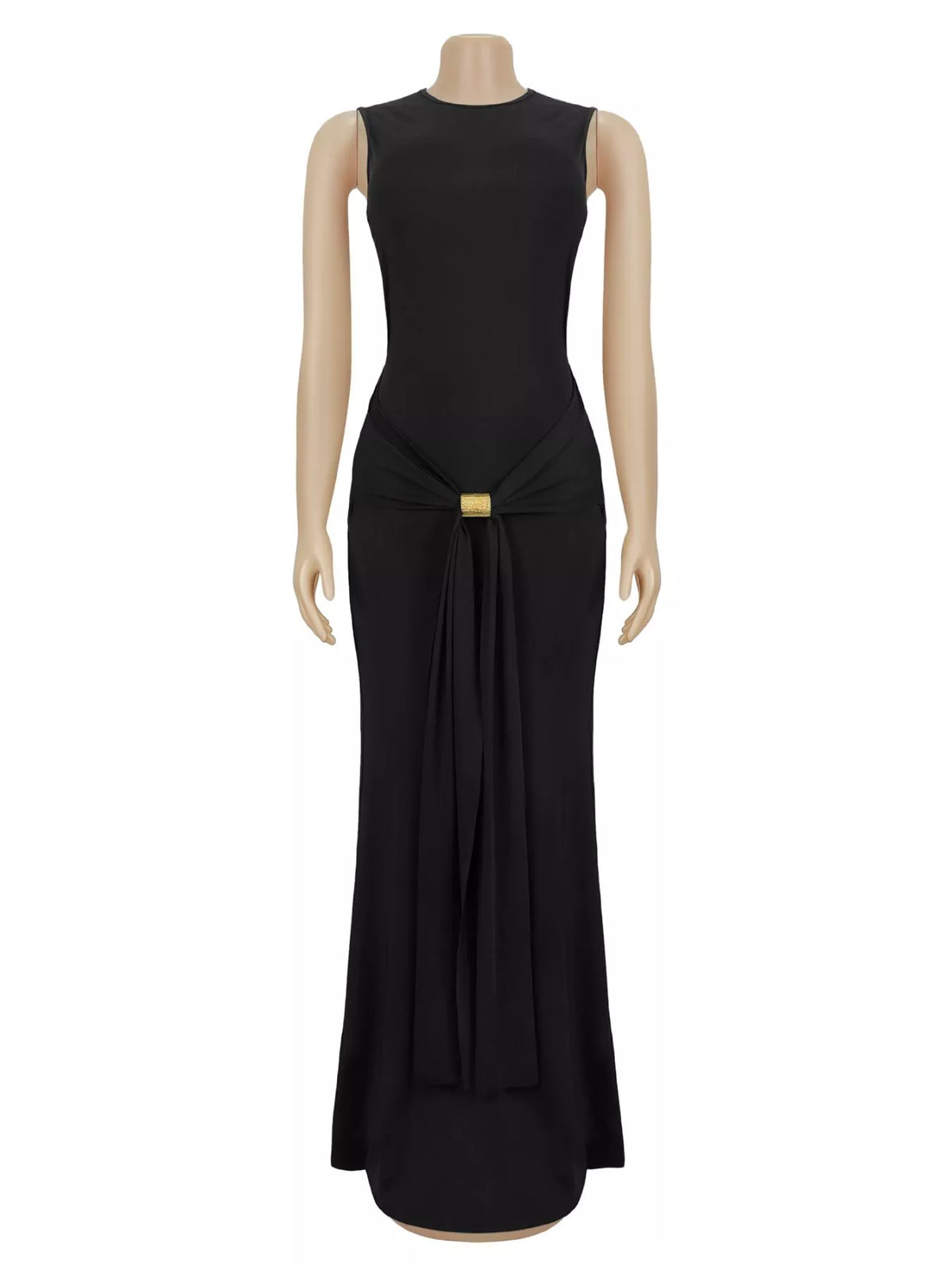 Black sleeveless buckle-detail bodycon maxi dress, front on mannequin.