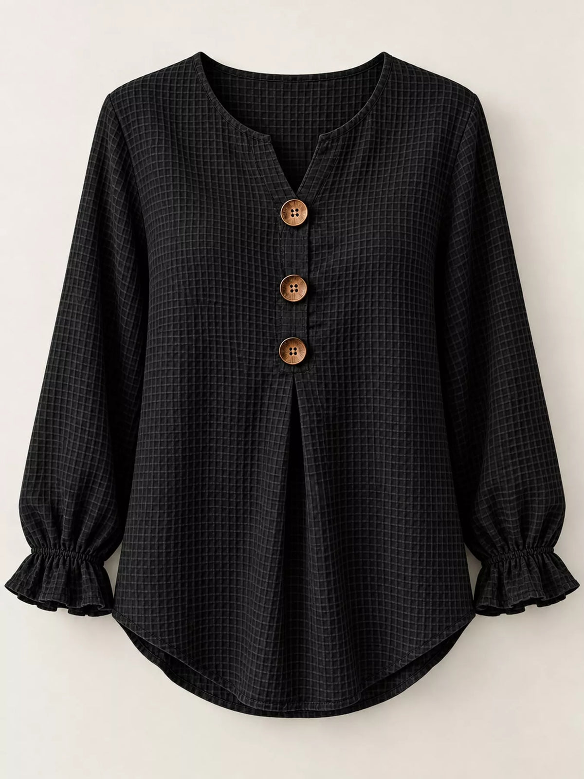 Women's Waffle Knit Flounce Sleeve Blouse in black — flat lay view