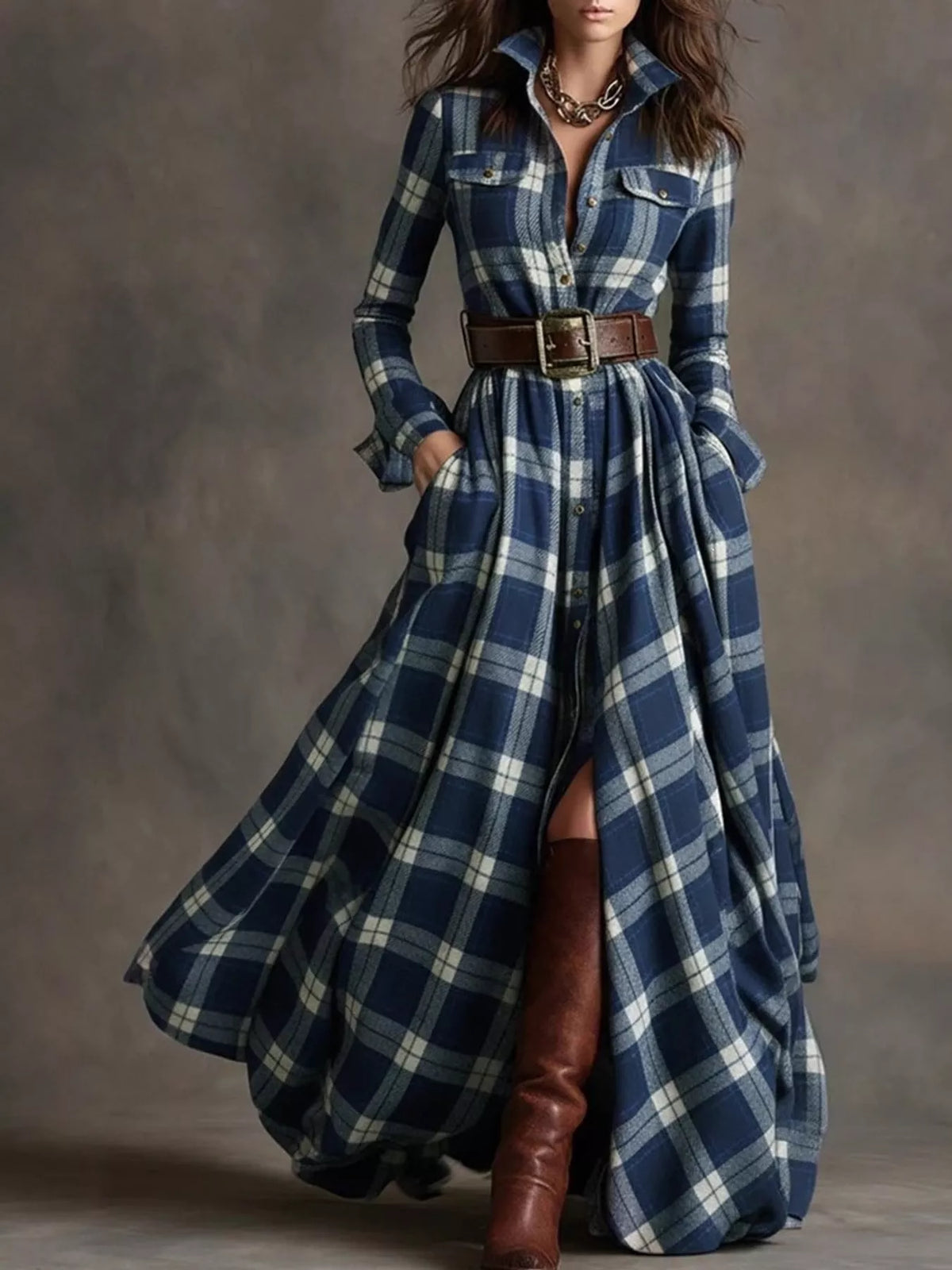 Vintage Plaid Button-Down Maxi Shirt Dress in blue